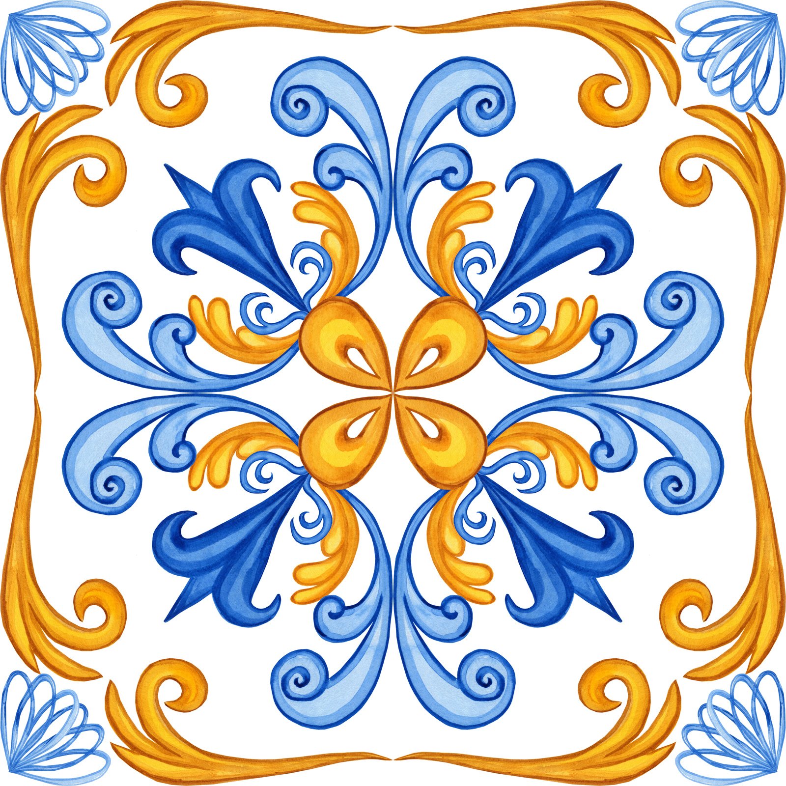 Majolica watercolor seamless pattern. Sicilian hand drawn ornament. Traditional blue and yellow ceramic tiles. Portuguese traditional azulejo pattern. Moroccan style.